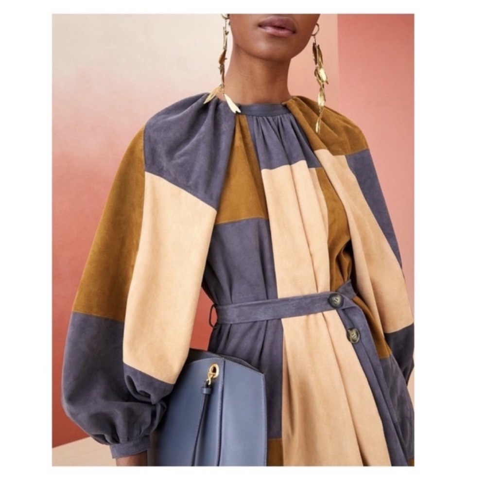 New! Rare ULLA JOHNSON Bernadine Patchwork Lambskin Suede Leather Midi Dress - Picture 6 of 12